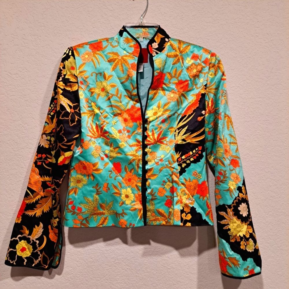 100% silk JS Collections blazer blouse top jacket multicolored asian print sz 8